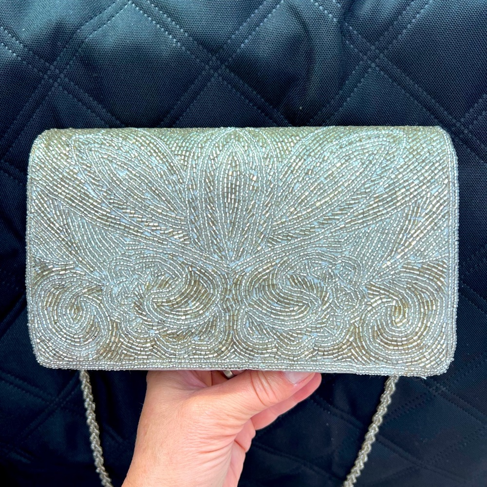 Elegant gold Beaded Evening Clutch w/ crossbody strap